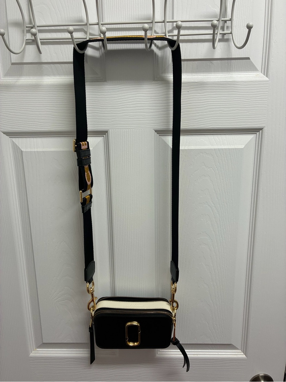 Marc Jacobs Black and Cream Crossbody Camera Bag with Gold Hardware